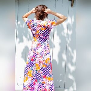Vintage 70's Psychedelic Floral Graphic S/S Maxi Dress, No tag, M